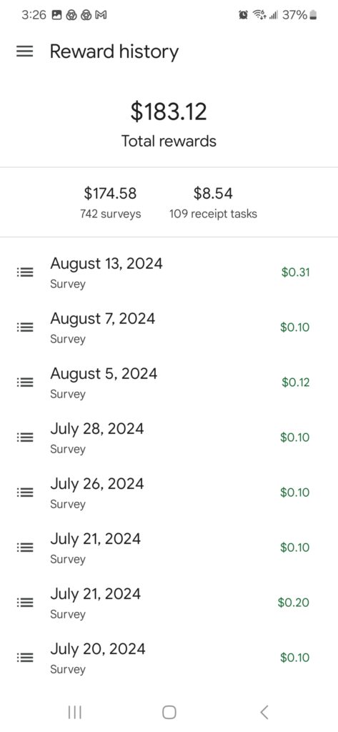 rewards history example from the Google Opinion Rewards app