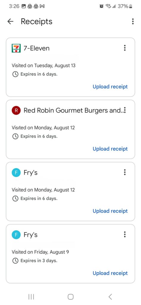 receipts screen on the Google Opinion Rewards app