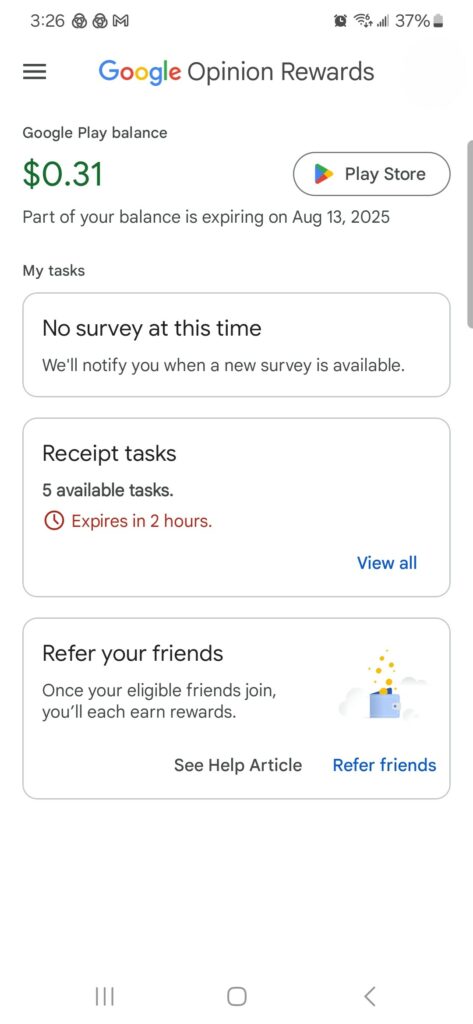 landing page of the Google Opinion Rewards app