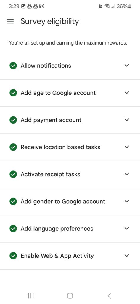 survey eligibility form on the Google Opinion Rewards app